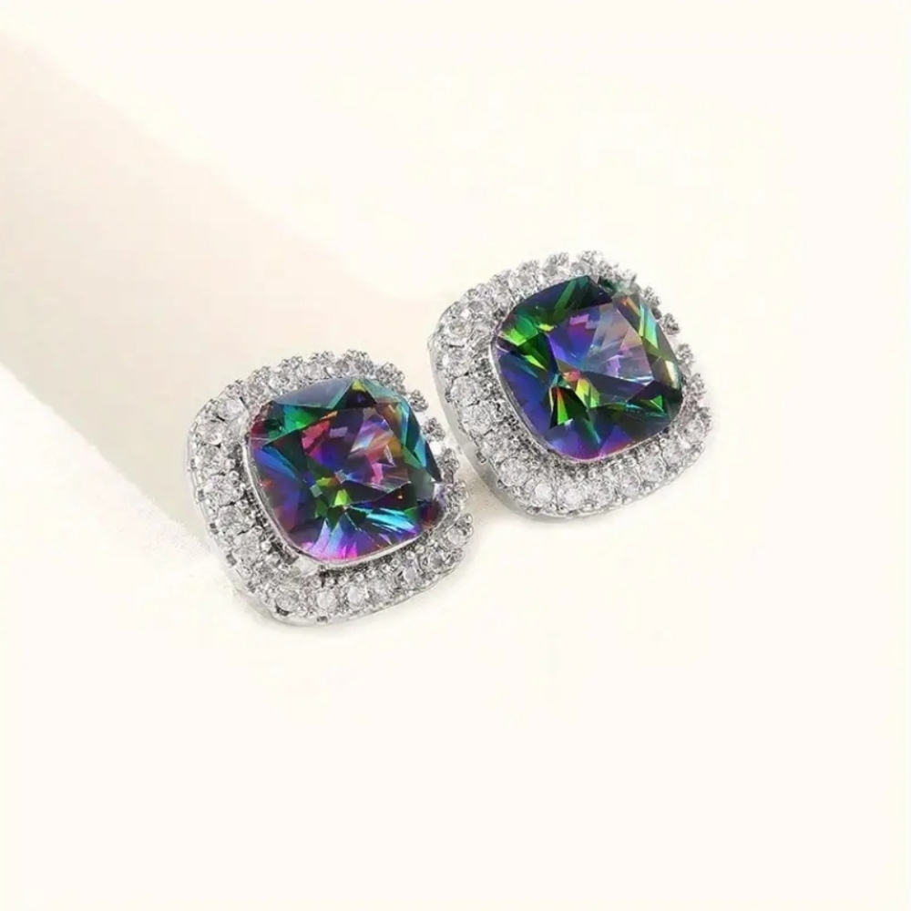 Rainbow Cubic Zirconia Stud Earrings - Picture 2 of 4